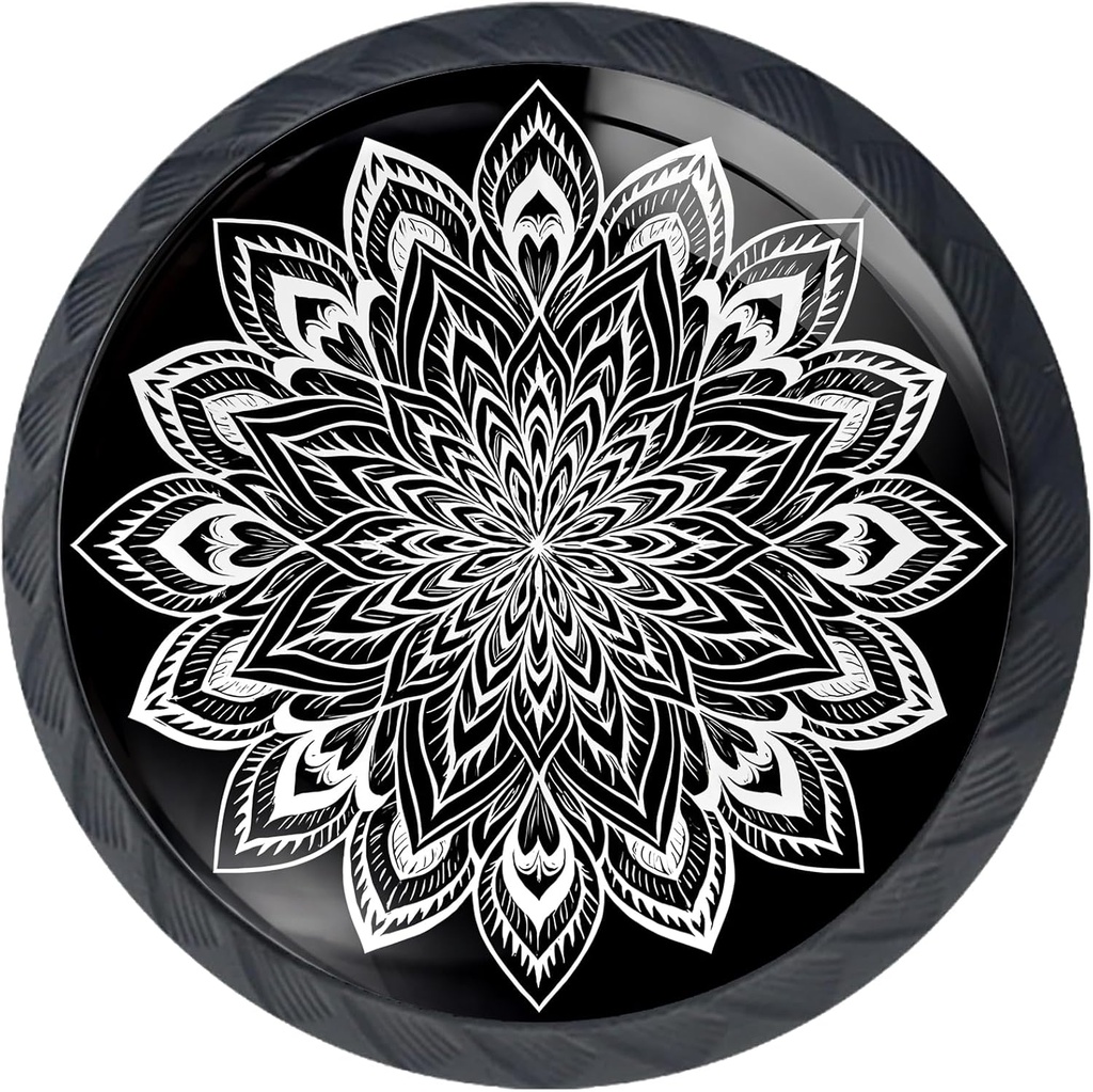 4 Pack Black and White Mandala Flower Kitchen Cabinet Knobs Round Drawer Pulls Dresser Cupboard Door Handles