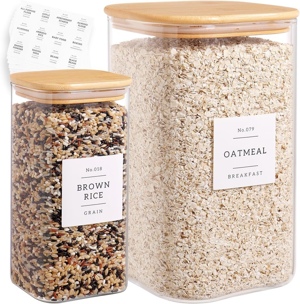Glass Pantry Storage Containers with 132 Kitchen Pantry Labels, 138/50 oz Large Square Flour and Sugar Containers with Airtight Lids, Gallon Glass Jars with Bamboo Lids for Rice, Pasta, Cookies, grain