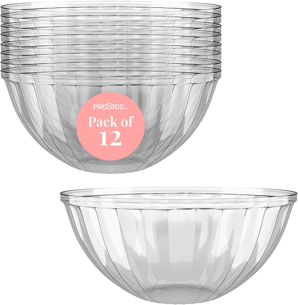 Prestee Clear Plastic Serving Bowls, 48 Oz. 12 Pack - Round Disposable Bowls, Punch, Party, Chip Bowl Containers - for Candy, Salads, Parties, & Serving Food - Large Salad Bowl Dish for Eating