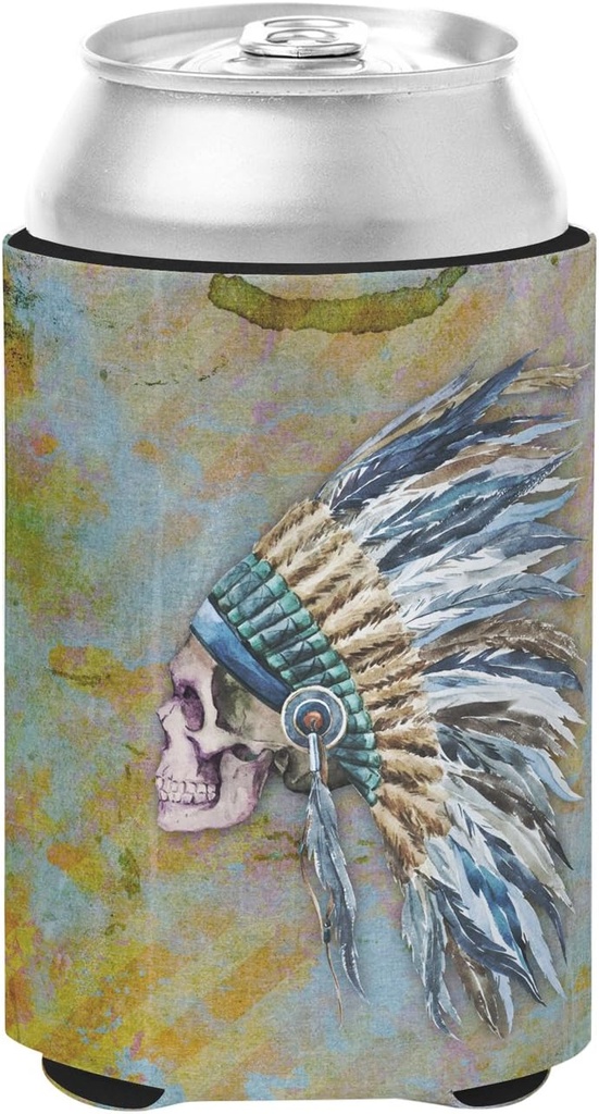 Caroline's Treasures BB5128CC Day of The Dead Indian Chief Skull Can or Bottle Hugger Cooler Washable Drink Sleeve Collapsible Beverage Insulated Holder, Can Hugger, Multicolor