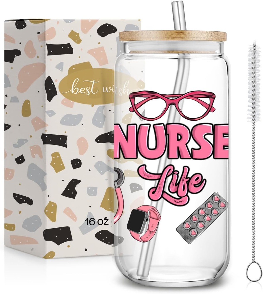 Best Nurse Appreciation Gifts for Women Coworker,16oz Ice Coffee Drinking Jars for Female,2025 Thank You Gifts for Nurse Week Easter,Birthday Retirement Graduation Gifts-52