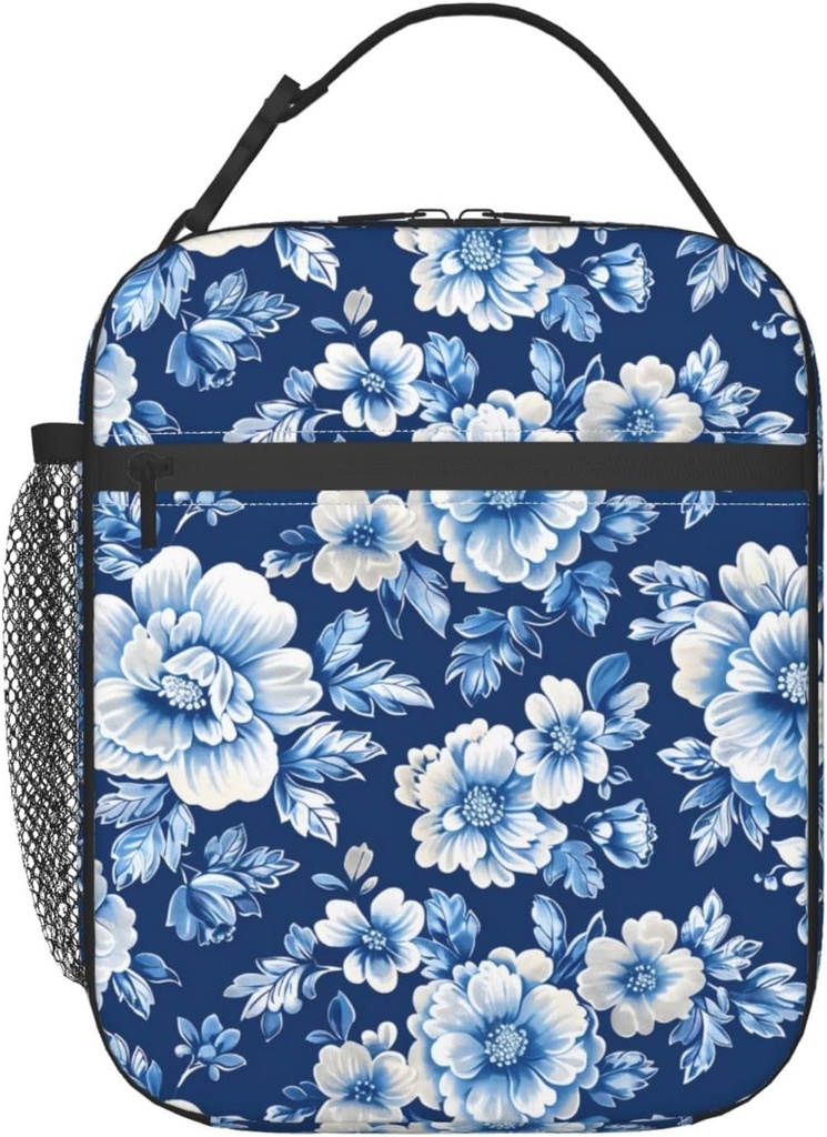 Insulated Lunch Box for Women Men, Blue Floral Theme Lunch Box Reusable Portable Lunch Bag Cooler Tote Waterproof Lunch Container for Office Picnic Work Travel