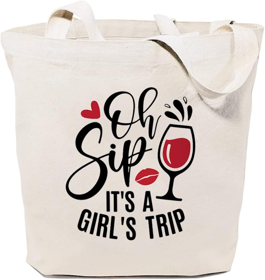 Oh Sip It's a Girls Trip Canvas Tote Bag for Women Aesthetic Reusable Grocery Shoulder Shopping Bags Friends Gifts