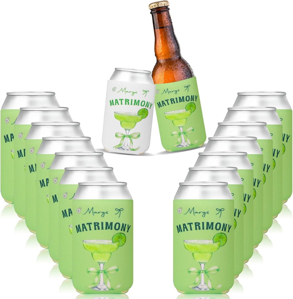 16 Pcs Margarita Party Beer Can Sleeves 12Oz Bachelorette Can Coolers with Lime Print Bulk Margs and Matrimony Beer Cup Holders For Wedding Bridal Shower Party Favor Cocktail Drink Decor