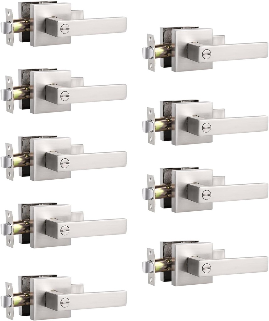 Knobonly 9 Pack Square Bedroom Bathroom Privacy Door Lever Handle Satin Nickel Finish Keyless Door Handleset Locked Inside with Turn-Button