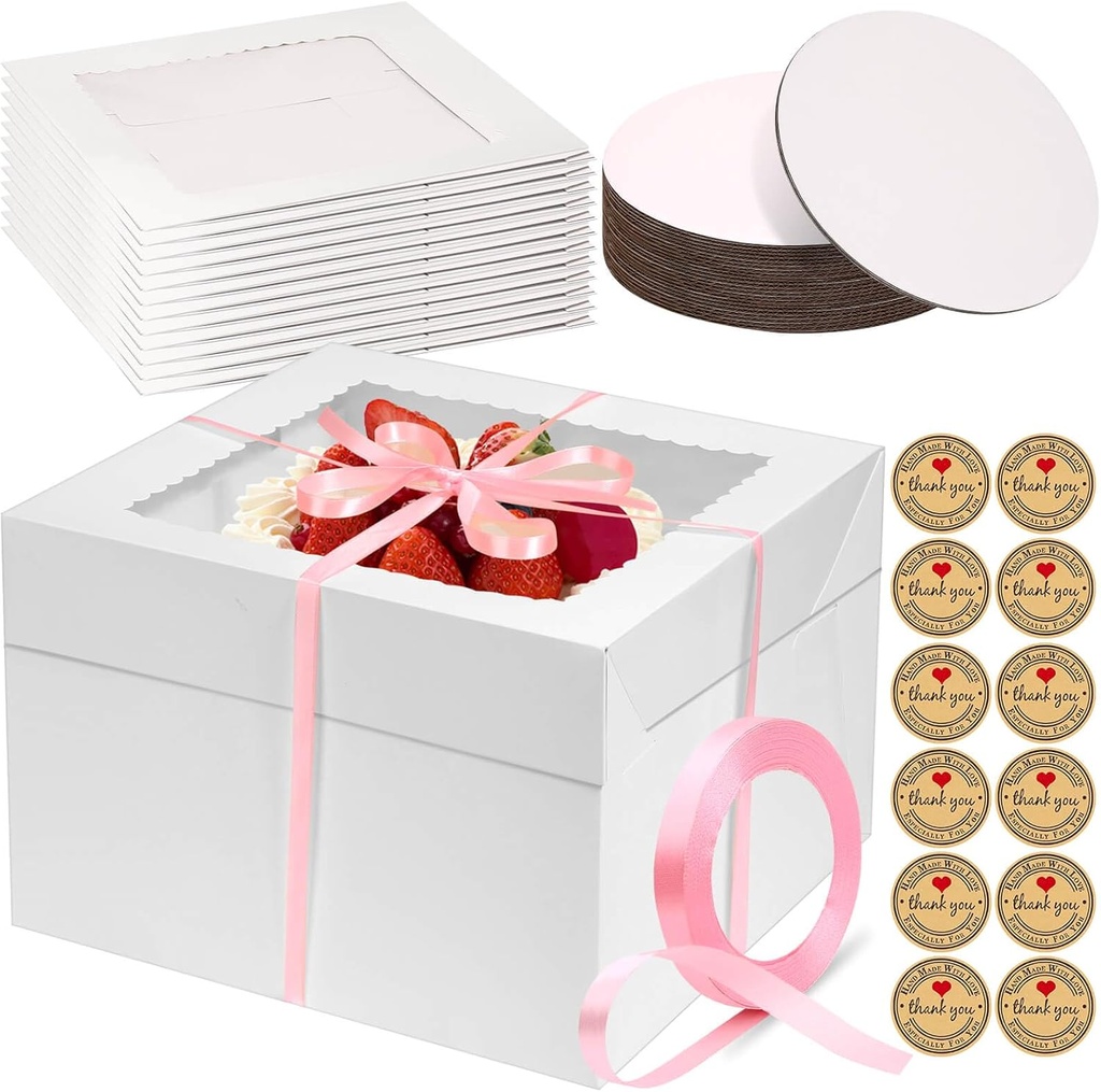 24 Pcs Cake Boxes 12 inch with 12x12x8 Inches 12Pcs Tall Cake Box,10Pcs Cake Board, Stiker &Ribbon, Large Baking Boxes, Square Cardboard Cake Boxes for Multi-Layer Cakes