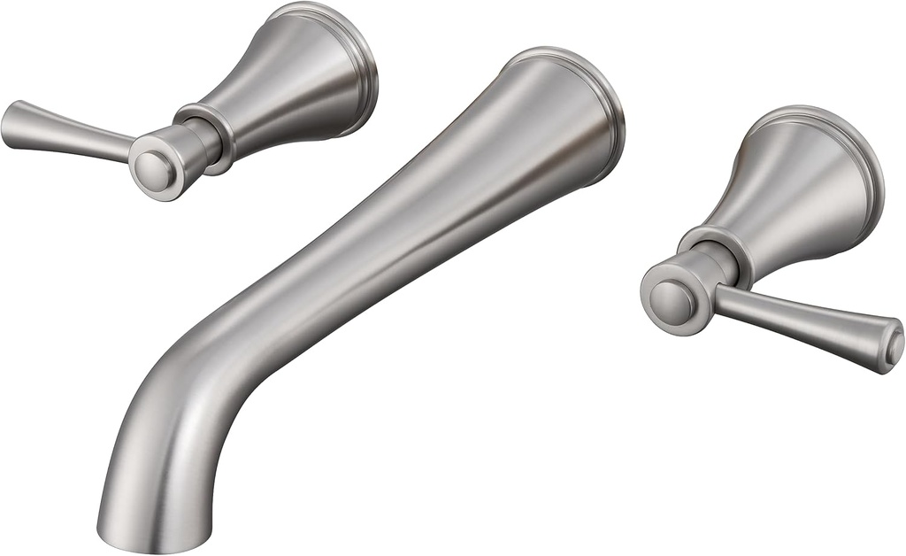 SITGES High Flow Brushed Nickel Wall Mount Bathtub Faucet with Two Level Handles,Extra-Long 10.5" Spout Reach Solid Brass Wall Tub Filler with Rough-in Valve Included