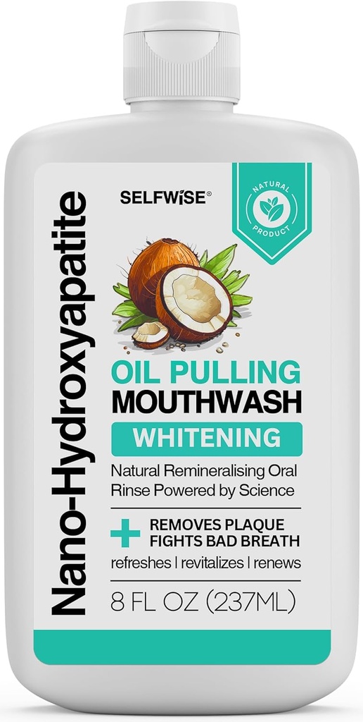 Nano-Hydroxyapatite Oil Pulling Whitening Mouthwash for Teeth and Gums, Natural & Organic, Whitens Teeth, Strengthens Enamel, Fights Bad Breath & Plaque – Smooth & Non-Greasy – for Adults & Kids 8oz