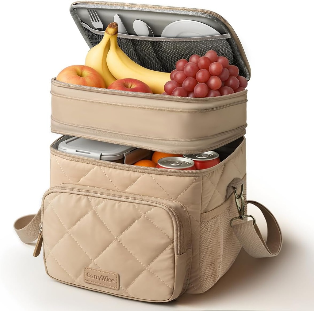 Lunch Bag Women Double Layer Lunch Bag Puffer Insulated Lunch Box Waterproof Bottom Large Lunch Box for Women for Work or Travel, Khaki
