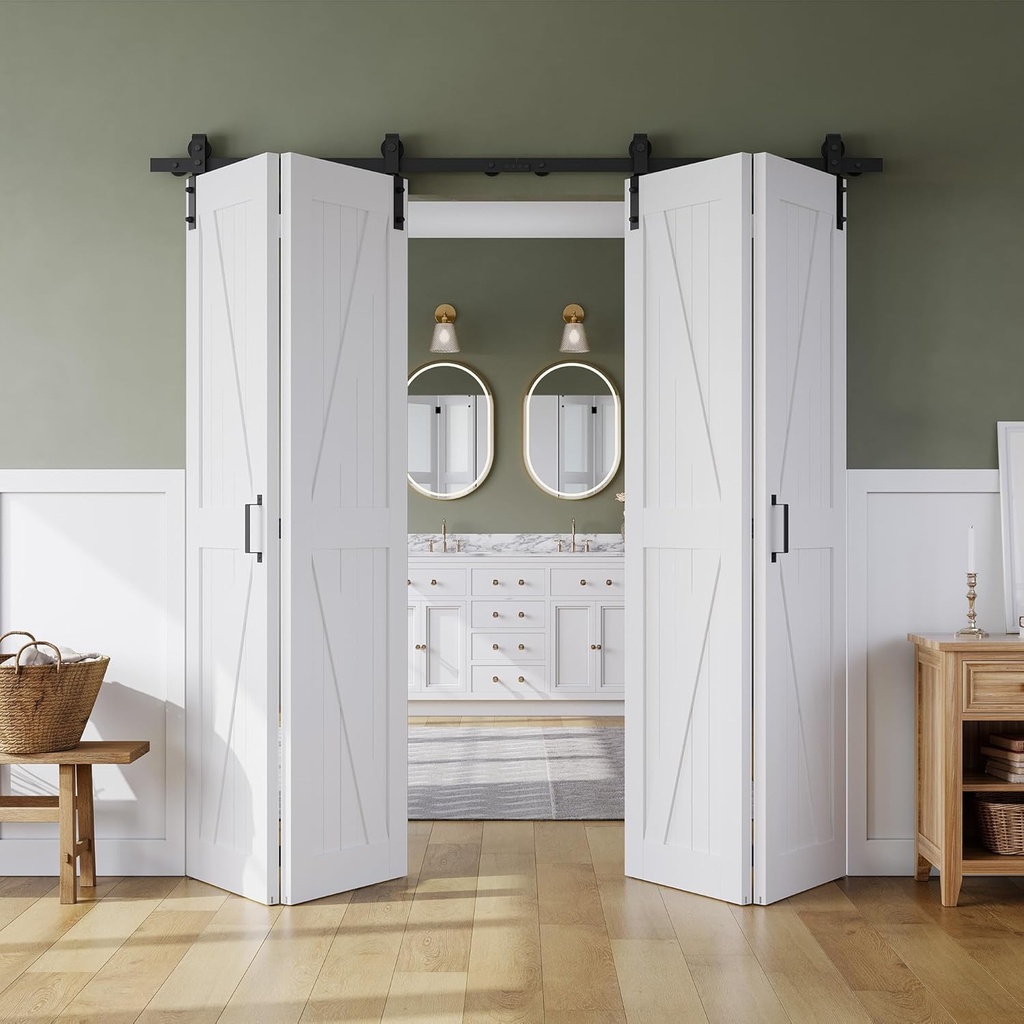 72" x 84" Bifold Sliding Barn Door, K Shaped Panel with Sliding Hardware Kit Set, Finished Closet Door Slab, 6.66FT Track for 4 Doors, MDF, White