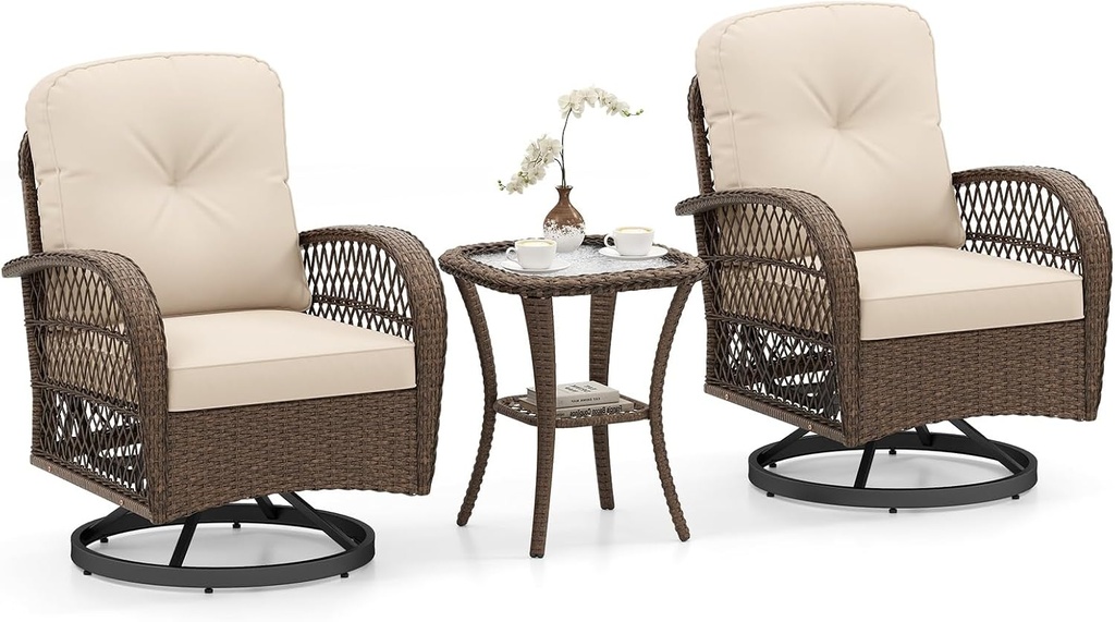 ORALNER 3 Pieces Wicker 360° Swivel Rocker Set Patio Furniture, Rocking Chairs with Cushions, Tempered Glass Coffee Table, Outdoor Rattan Bistro Set for Balcony Front Porch Deck Poolside (Beige)