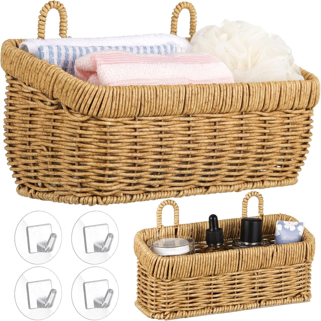 Tioncy 2 Pcs Woven Hanging Wall Baskets for Storage Boho Style Hanging Storage Plastic Woven Baskets with 4 Hooks for Kitchen Garden Living Room(Light Brown,Imitation Rattan Plastic)