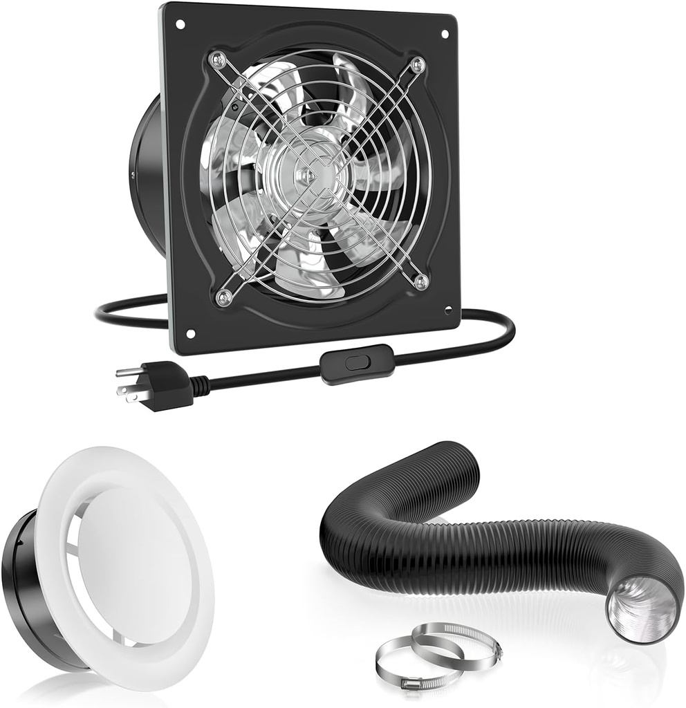 HG Power 8 Inch Exhasut Fan Kit - Metal Exhaust Fan, Round Vent Cover, 8-feet Flexible Air Ducting for Kitchen, Garage, Basement, Chicken Coop, Workshop, Greenhouse Ventilation Use