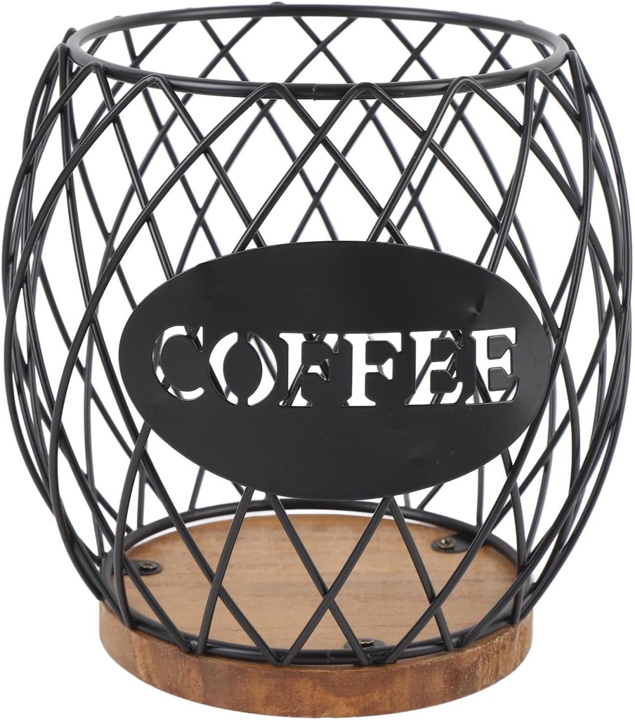 Iron Coffee Pod Holder, Organizer with Wooden Base, Black