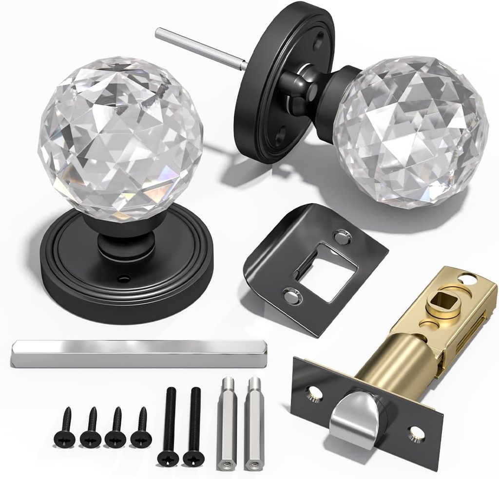 Crystal Door Handle with Lock and Keys (1 Pair), Black Handle, 65mm Palace Style Crystal Internal Door Handle with Latch and Screw Kit for Privacy Bedroom, Passage, Hallway, Lavatory