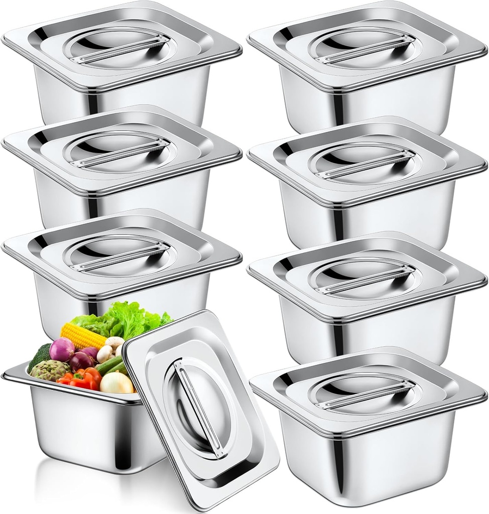 8 Set Stainless Steel Hotel Pans with Lids 1/6 Size 6 Inch Deep Steam Table Pan Stainless Food Storage Containers Stackable Metal Steamer Pan for Kitchen Restaurant Party Buffet Event Catering