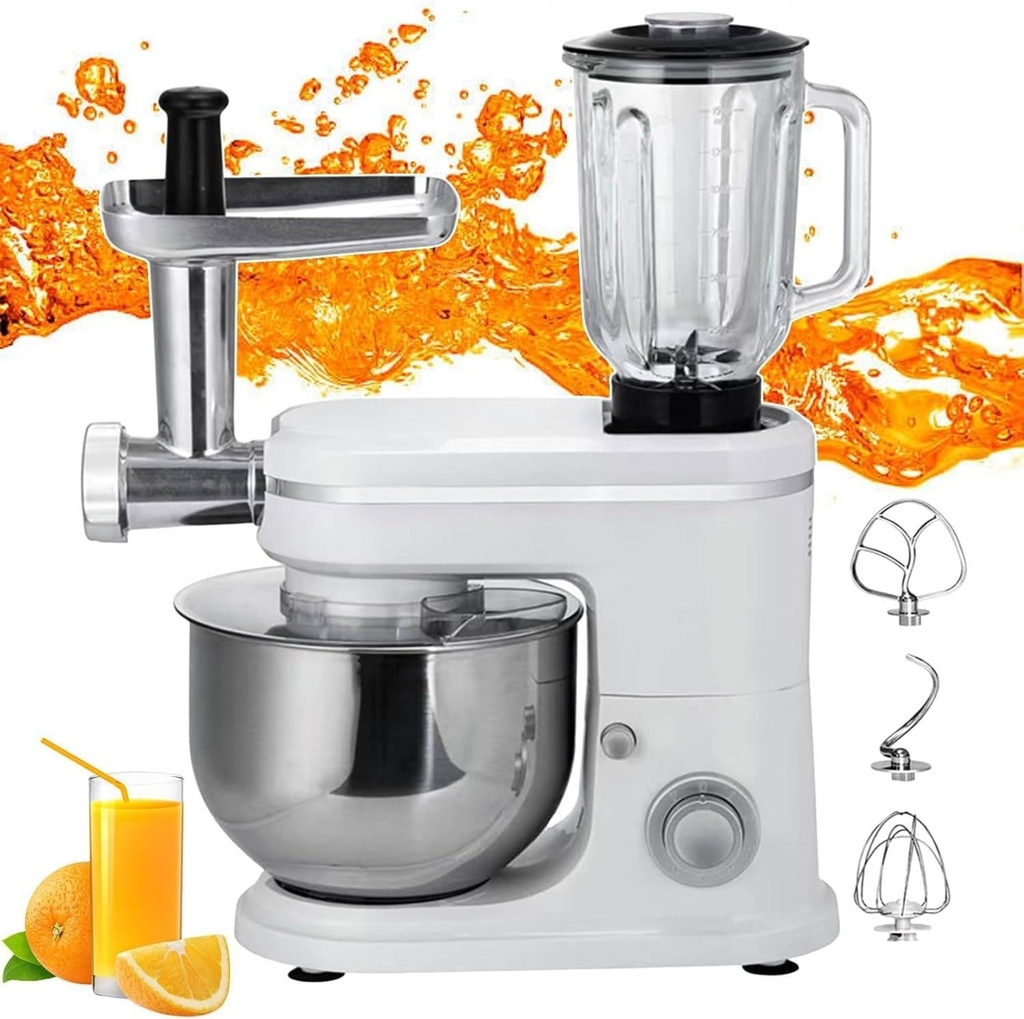 Small Multifunctional Electric Mixer,6L Electric Kitchen Mixer - 3 in 1/Meat Grinder,Food Process Grinder,Dough Kneading, Egg Beater,Household Mixers,6+P Gear Speed Adjustment,White