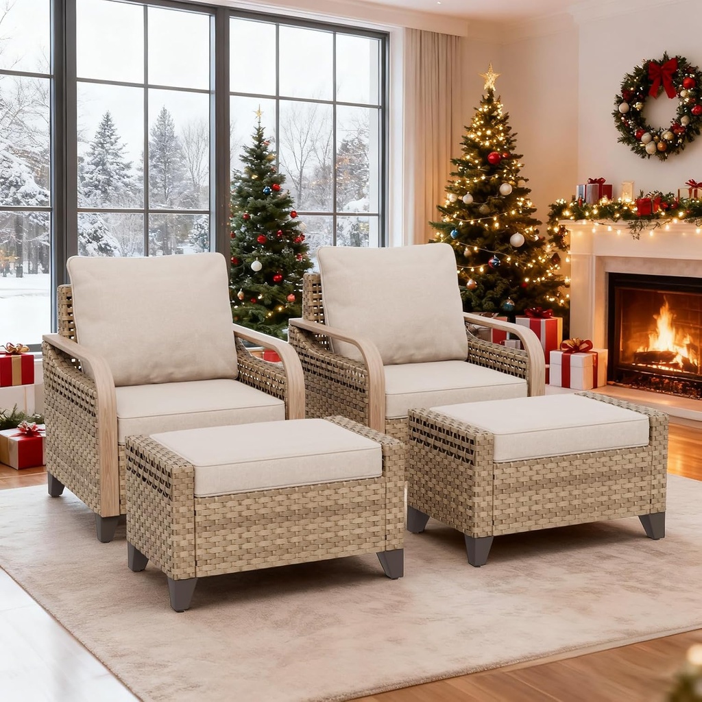 EAGLE PEAK Modern Wicker Outdoor Chair, Patio Chair Curved Armrest, Rattan Patio Furniture for Yard Deck Porch Garden, 2 Chairs 2 Ottomans, 4 Pieces, Brown/Gray