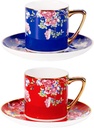 KAMMAK Tea Cups and Saucers Set of 2, Porcelain Coffee Cups with Saucer for Espresso, Cappuccino, 7.5oz Vintage Red and Blue Ceramic Demitasse Mug for Home, Tea Party, Office