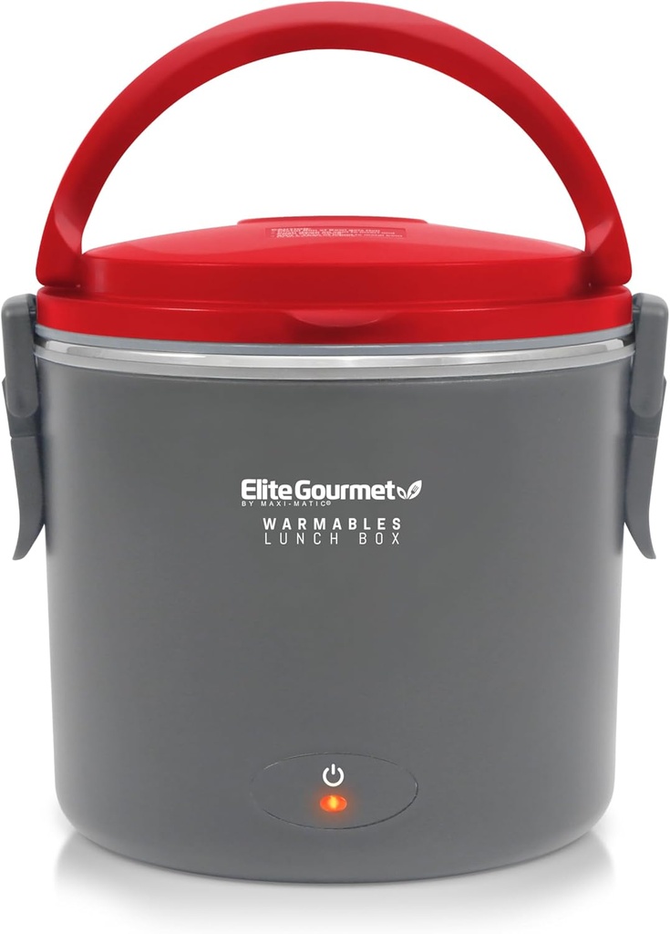 Elite Gourmet EFW-6080R Warmables Lunch Box Electric Food Warmer with Stainless Steel Pot, 32 Ounce, Grey Red