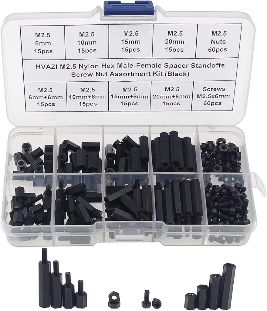 240PCS M2.5 Nylon Hex Spacer Standoffs Screws Nuts Assortment Kit;Male-Female(Black)