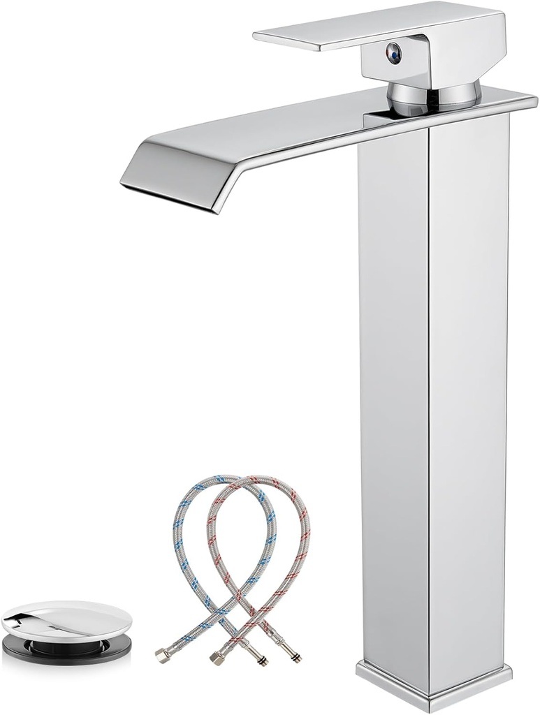 Midanya Vessel Sink Faucet,Single Handle 1 Hole Waterfall Tall Bathroom Faucet, Modern Vanity Lavatory Faucets with Pop Up Drain and Water Supply Lines,Polish Chrome