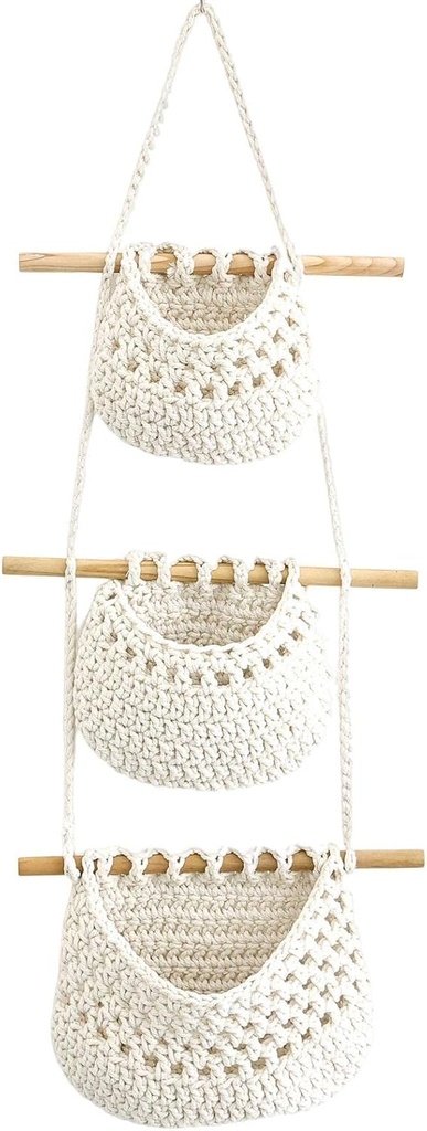 Hanging Fruit Basket, 3 Tier Handmade Woven Jute Wall Hanging Baskets for Organizing, Boho Wall Basket Decor Over the Door Organizer, Storage baskets for Kitchen, Bedroom Bathroom