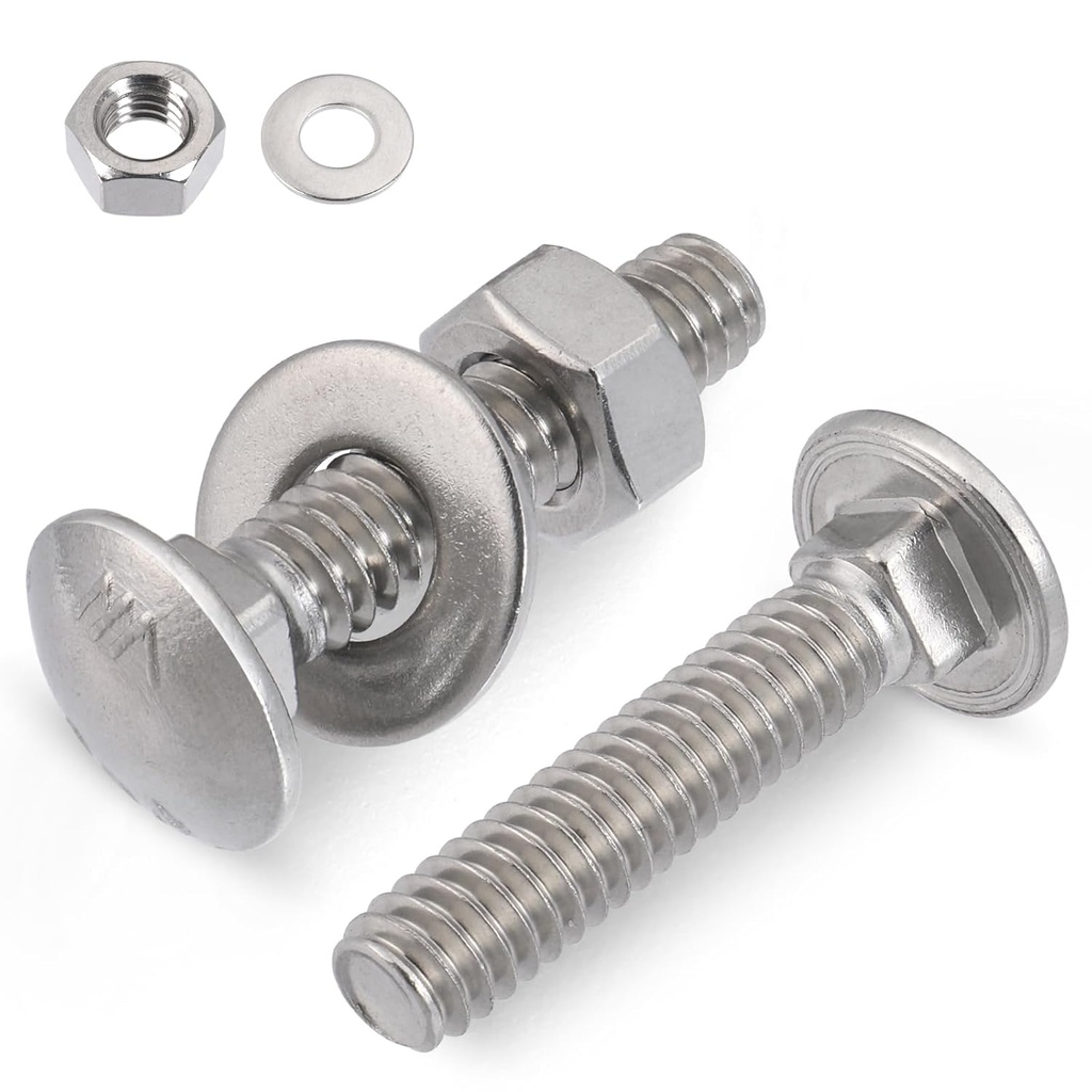 1/4-20 x 1-1/4" Carriage Bolts Screws 24 Sets, 304 Stainless Steel 18-8, Round Head Square Neck, Carriage Bolts and Nuts Kit, with Flat Washers