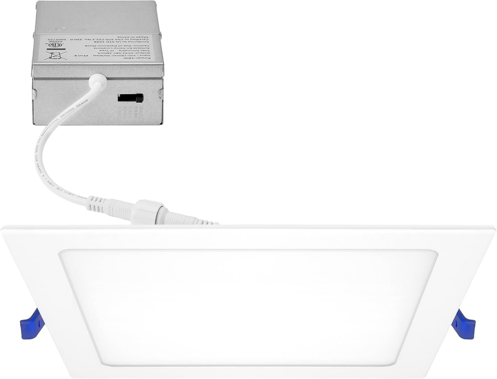 Maxxima 8 in. 5CCT Square Recessed LED Downlight, 1600 Lumens Slim Flat Panel Color Selectable 2700K/3000K/3500K/4000K/5000K, Dimmable, Canless IC Rated, White Trim, J-Box Included
