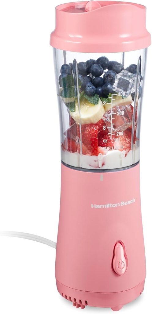 Hamilton Beach Portable Blender for Shakes and Smoothies, 14 Oz BPA Free Travel Cup & Lid, Durable Stainless Steel Blades, Personal Smoothie Blender, Coral (51171)