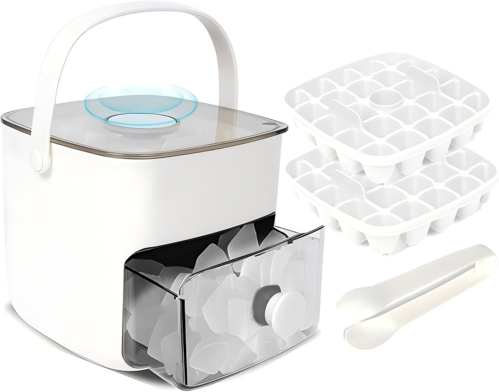 Ice Cube Tray with Lid & Bin Ice Maker Ice Trays for Freezer Ice Container- Reusable Ice Mold for Whiskey, Cocktail, Coffee, Beer Drinks with Ice Trays Ice Tongs (White)