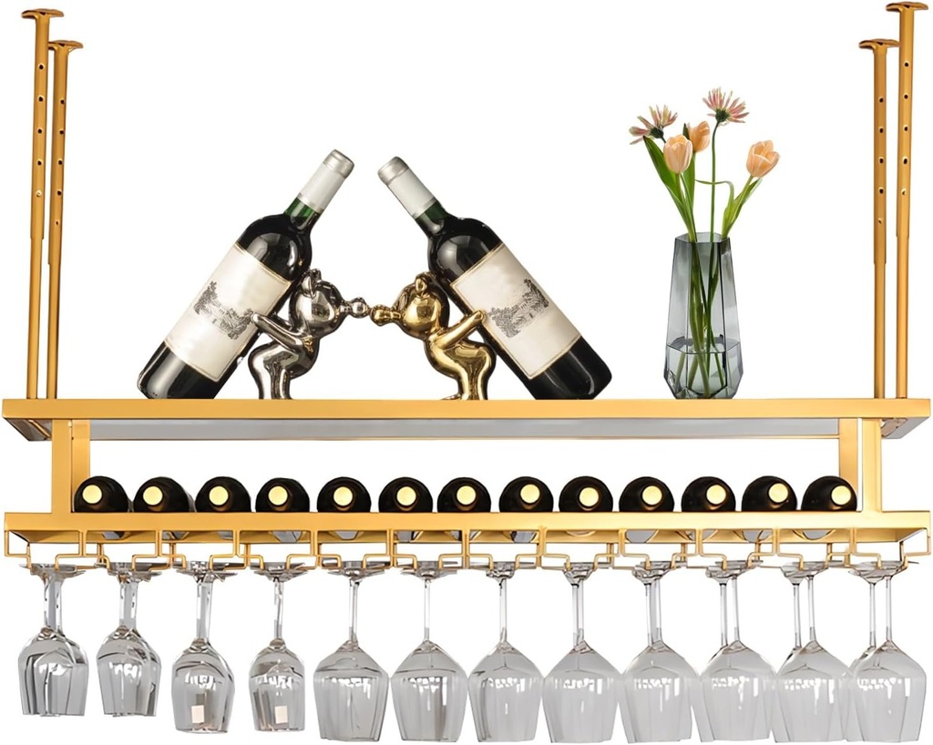 Wine Glass Hanger Rack, Wine Glass Holder Adjustable Width and Height Metal Ceiling Bottle Rack 3 Layers Stable Wine Display Shelves, for Kitchen Wine Cellar Bar