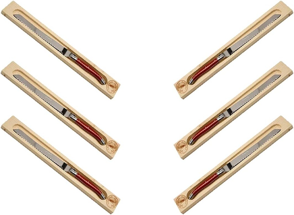 (D) Bread Cutlery Laguiole French Hand Made in Wood Box, Vintage (6 PC, Red)