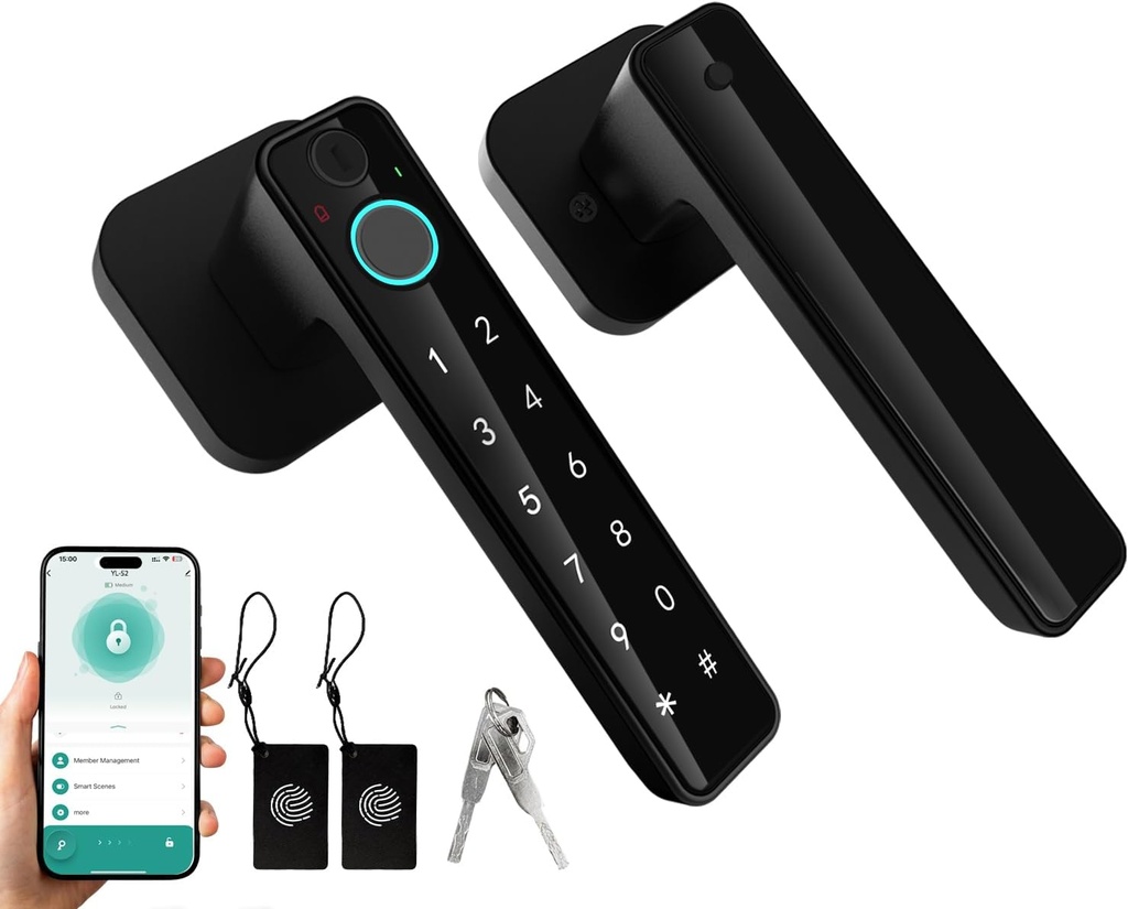 5-in-1 Smart Fingerprint Door Lock,Keyless Entry Digital Knob, Bluetooth App Control, Card and Key, Biometric Door Knob with Handle, Easy to Install for Exterior, Interior, Bedroom Doors