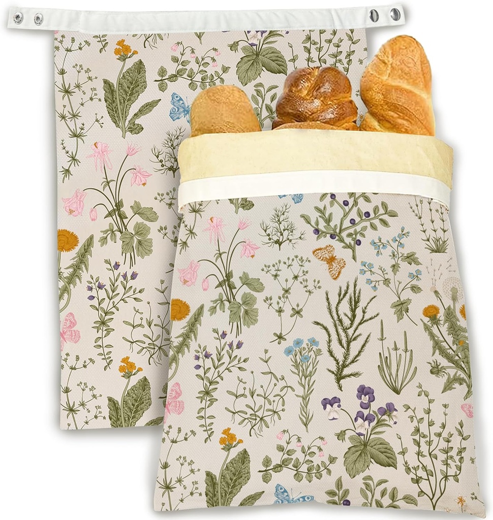 Herbs Wild Flowers 2 Pack Reusable Beeswax Bread Bags for Homemade Bread, Linen Bags for Sourdough, Gifts for Baker