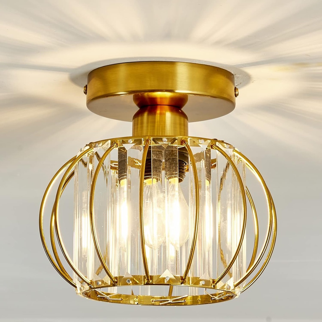 YYJLX Crystal Semi Flush Mount Ceiling Light Fixture E26 Mini Antique Gold Chandelier Small Ceiling Lamp for Entryway Bedroom Bathroom Hallway Closet Foyer