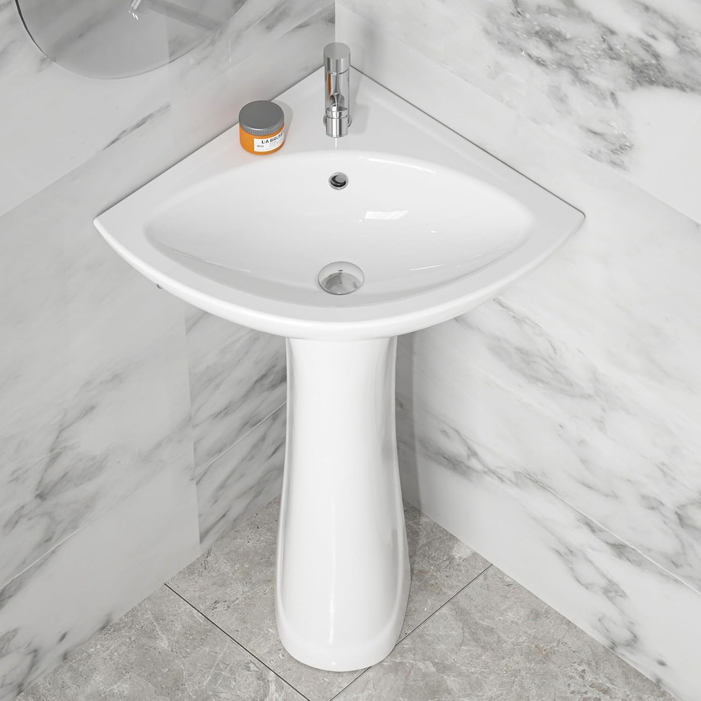 Corner Pedestal Sink White 1 Hole, 23 x 19 Inch Small Bathroom Pedestal Sink Combo, 1 Overflow Hole, 1 Faucet Hole, Pure White Porcelain, Triangular, for Corner of Bathroom