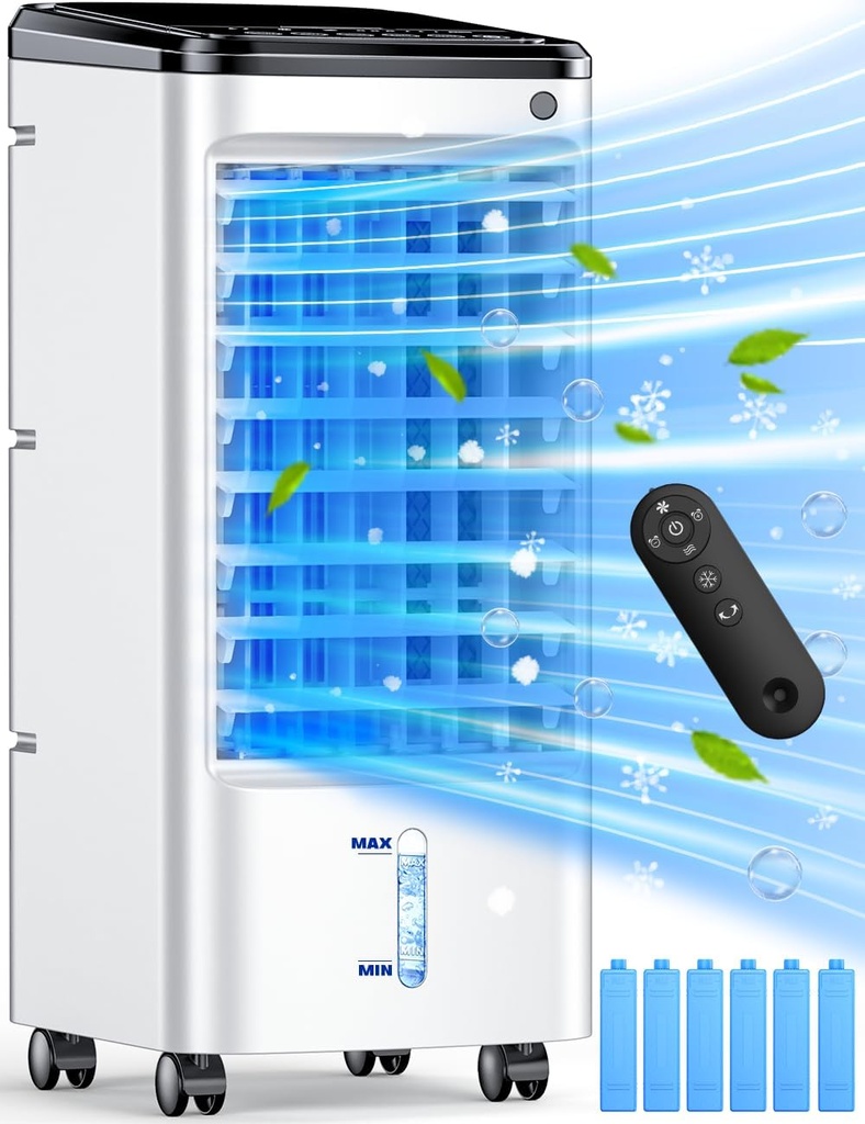 Evaporative Air Cooler, Swamp Cooler Air Conditioner w/ 12H Timer for Auto-off, 6 Upgraded Ice Packs, 3-Speed Windowless Air Conditioner, Smart Remote, Dual Tank Portable Air Cooler for Room