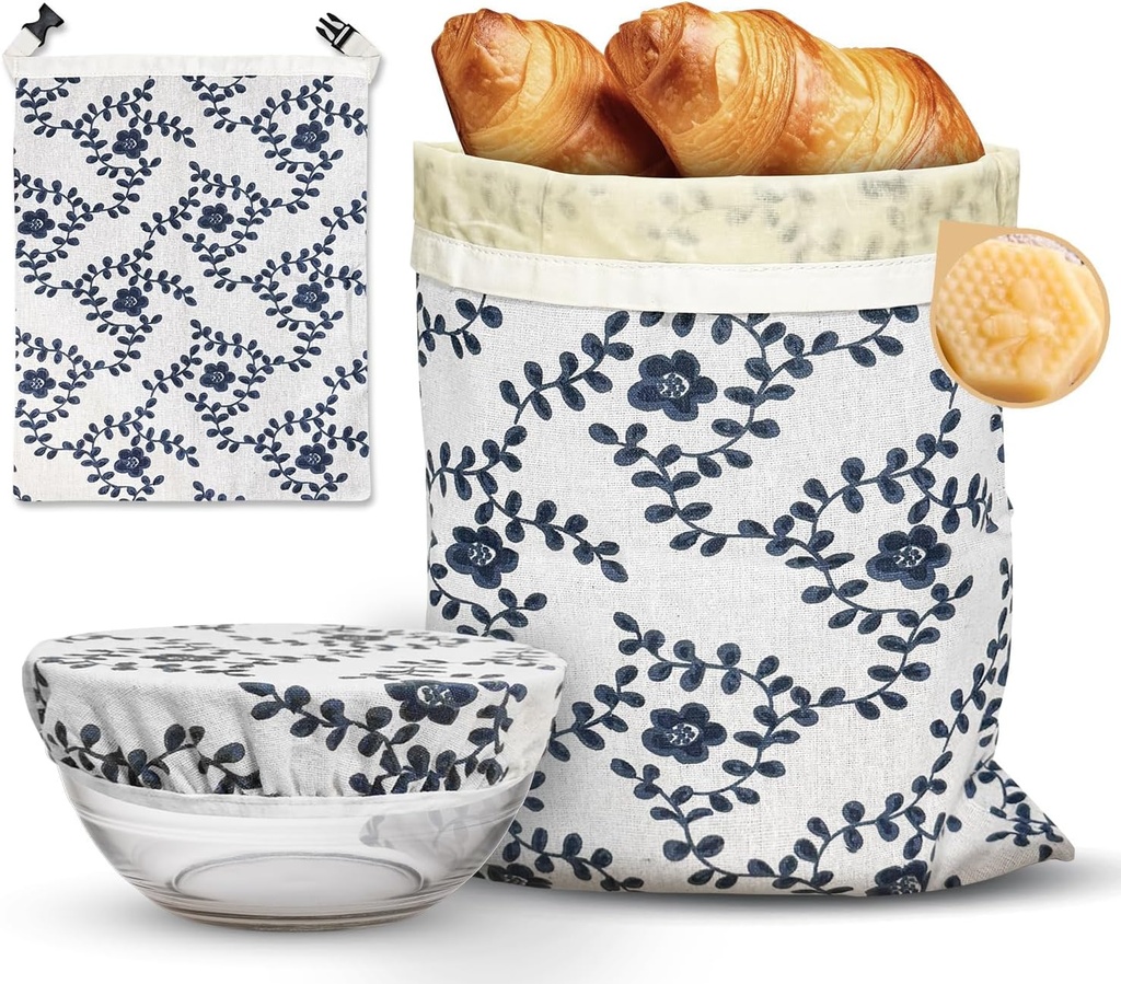2 Pack Reusable Bread Bags for Homemade Bread, Beeswax Sourdough Bags with 2 Pack Proofing Cotton Bowl Covers, Easy to Clean Cotton Freezer Storage Bag, Keep Your Loaf Fresh for Days, XL 17x13 Inch