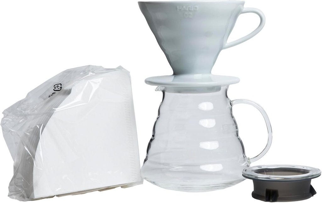 Hario V60 Coffee Pour Over Kit Bundle Set - Comes with Ceramic Dripper, Range Server Glass Pot, Measuring Spoon, and 100 Count Package of Hario 02W Coffee Filters