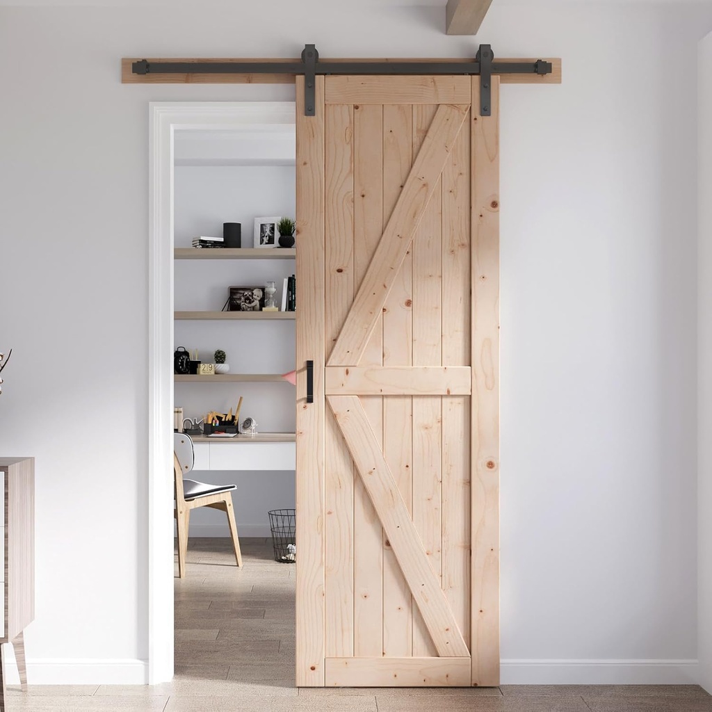 FREDBECK 32in x 96in Sliding Barn Door with 5.5FT Barn Door Hardware Kit Included Wood K Shape Solid Spruce Panel Need to Assembly