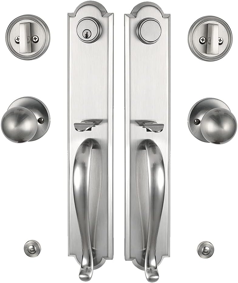 Double Door Handlset for Front Door Brushed Nickel Finish (Keyed Entry Handle and Dummy Hanleset Set)