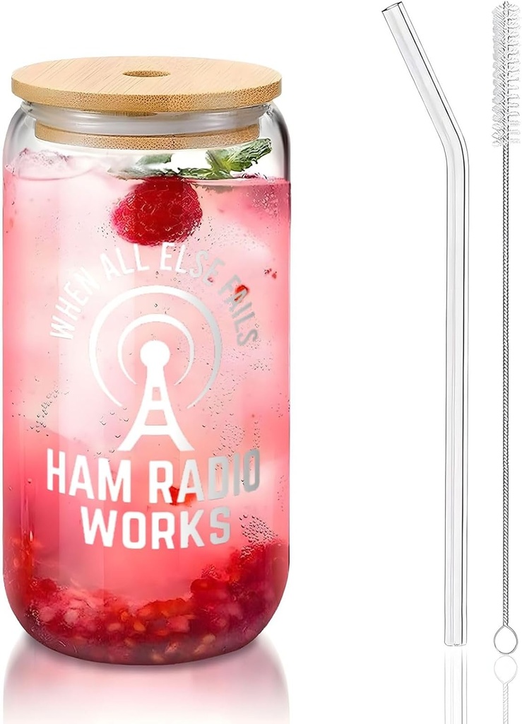 Ham Radio Works 16 Oz Drinking Glasses With Bamboo Lids,Glass Straw And Cleaning Brushes Glass Tea Cup For Iced Coffee,Smoothie,Cocktail,Beer,Whiskey,Soda,Matcha