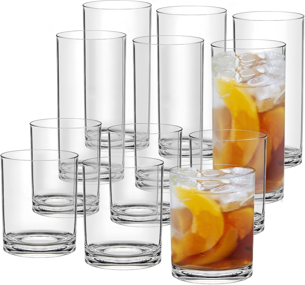 Acrylic Drinking Glasses Set of 12 - Shatterproof Plastic Cups, BPA Free Dishwasher Safe, Reusable Unbreakable Tumblers - 6 Each 12oz & 17oz Clear Plastic Glasses for Kitchen