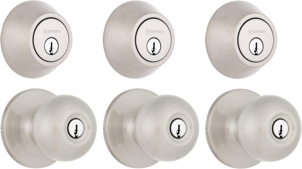 BRINKS – Front Door Lock – Traditional Single Cylinder Deadbolt – Easy Installation, Keyed Entry, Pick Resistant Security for Home and Residence (Front Door Deadbolt with Knob, 3 Pack)