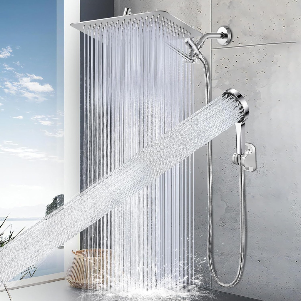 Shower Head,12" High Pressure Shower Combo,Rainfall Shower System with Handheld Spray,All Metal 3-Way Diverter & 6ft Hose,Anti-Clog Nozzles,Easy to Install in Bathrooms-Chrome
