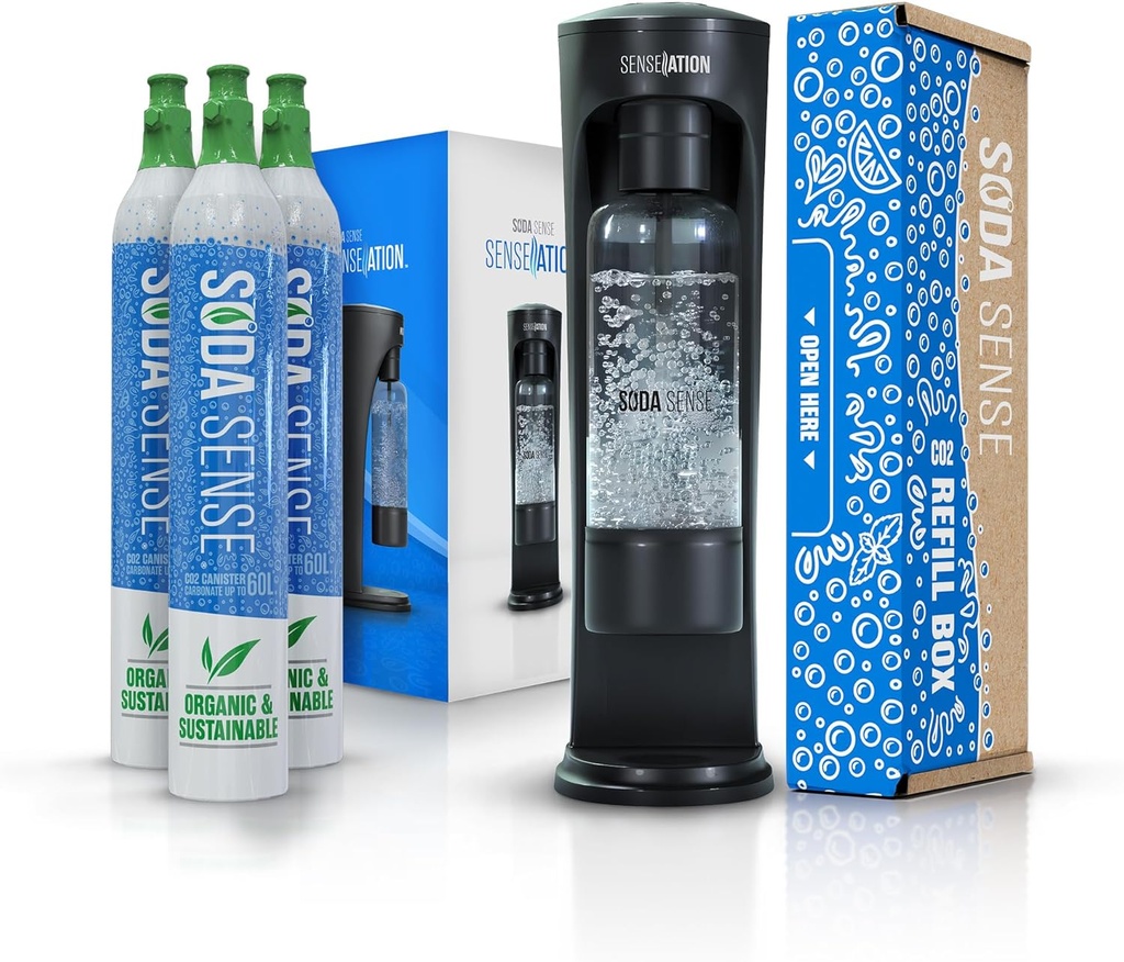 Soda Sense SENSEation Sparkling Water Maker Bundle, Includes Machine, 3 Threaded CO2 Canisters & Re-usable Carbonation Bottle