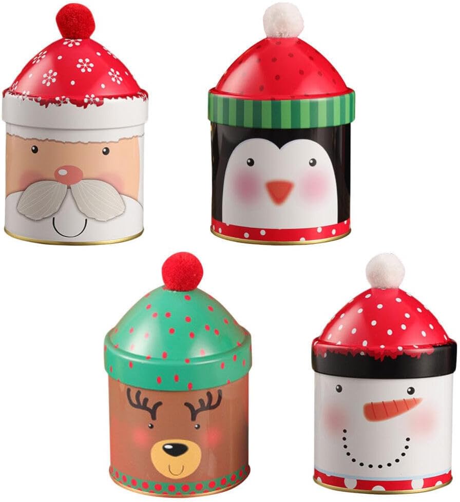 4pcs Christmas Cookie Tins Christmas Candy Tin Box Round Candy Cookie present Box Metal Cookie Storage Container for Christmas Party Decoration Supplies