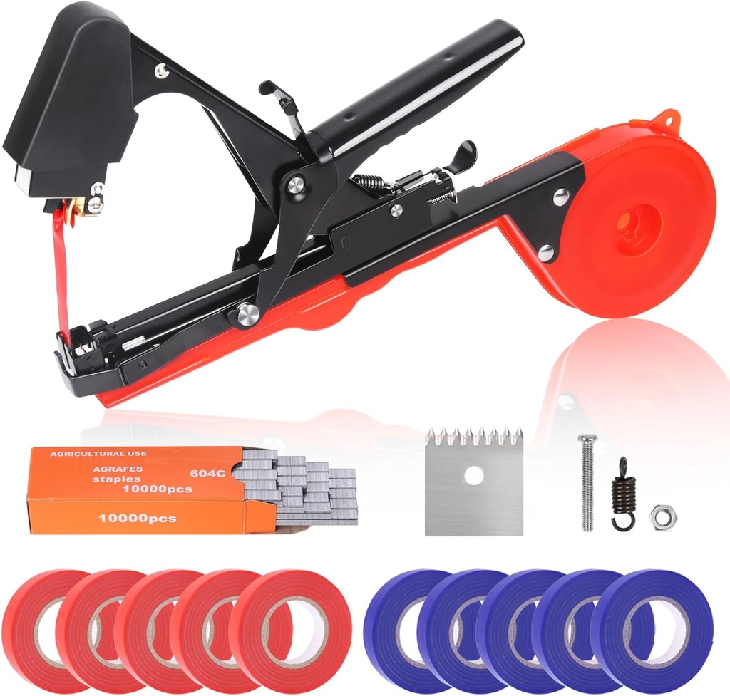SWANSOFT Plant Tying Machine, Plant Vine Tying Tape Machine Tool, Plant Tape Gun for Tomatoes, Grapes and Vegetable Garden, Come with 10000pcs Staples 10 Rolls Tape(Red)