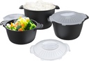 Professional 3 Piece Set Micro Cookware, Microwave Veggie Steamer, Microwave Rice Cooker as Steamer, Mix, Server and Storage Food Bowl BPA Free, Dishwasher Safe, Nestable Storage, Size-1QT, 2QT, 3QT